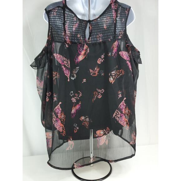 MUDD Womens CHIFFON COLD SHOULDER TOP Ruffle Trim Black Butteflies Size 1X New - Picture 2 of 12